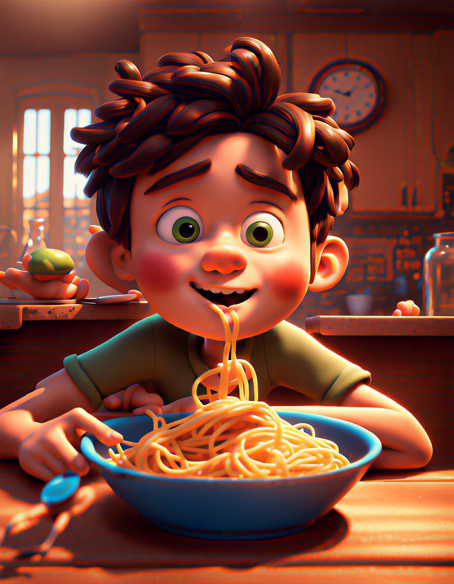 Pixar-Style Movie Poster of Boy Eating Spaghetti