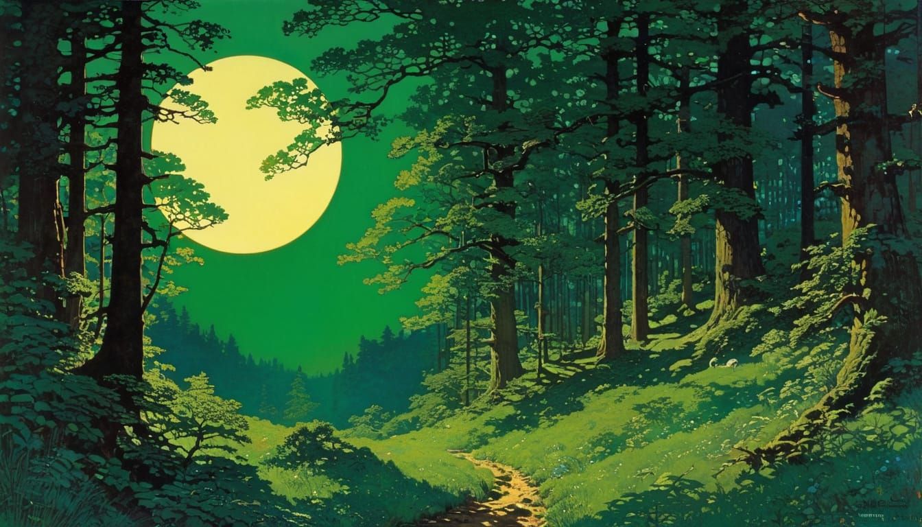 A dense, lush, green forest. Moon rising.