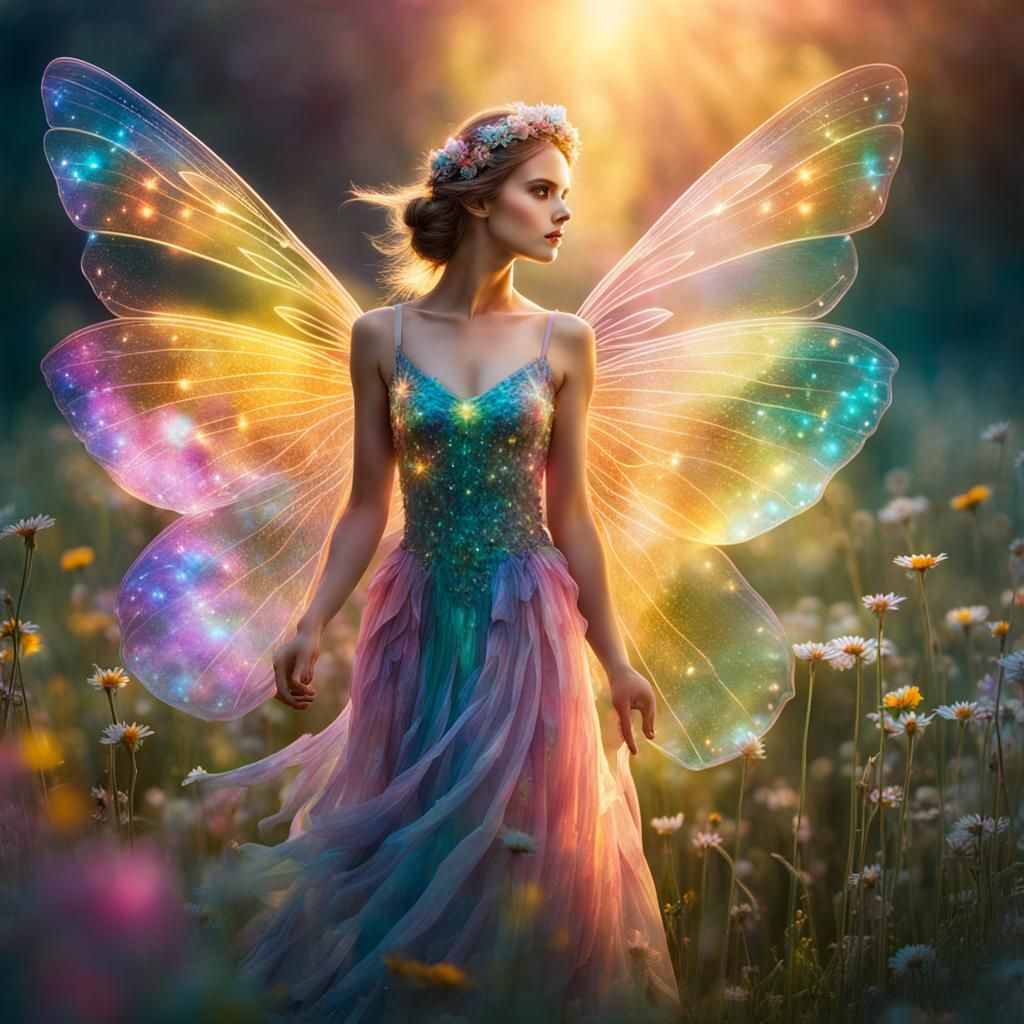 Beautiful Fairy with Iridescent Wings in Flower Meadow