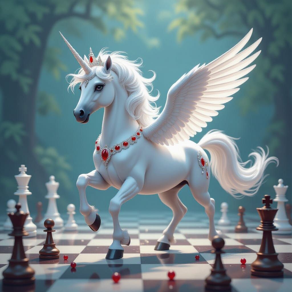White Winged Unicorn Runs on Ornate Chessboard