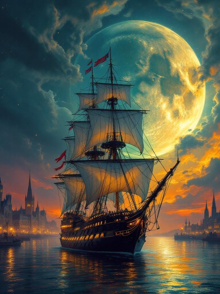 Majestic Ship Under Moonlit Sky, Maritime Fantasy