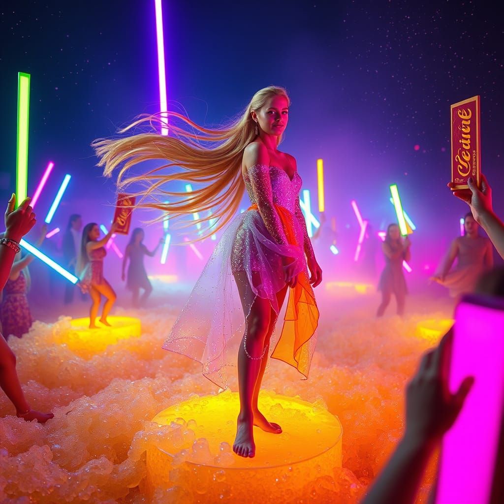 Dreamlike Woman on Floating Cake Platform