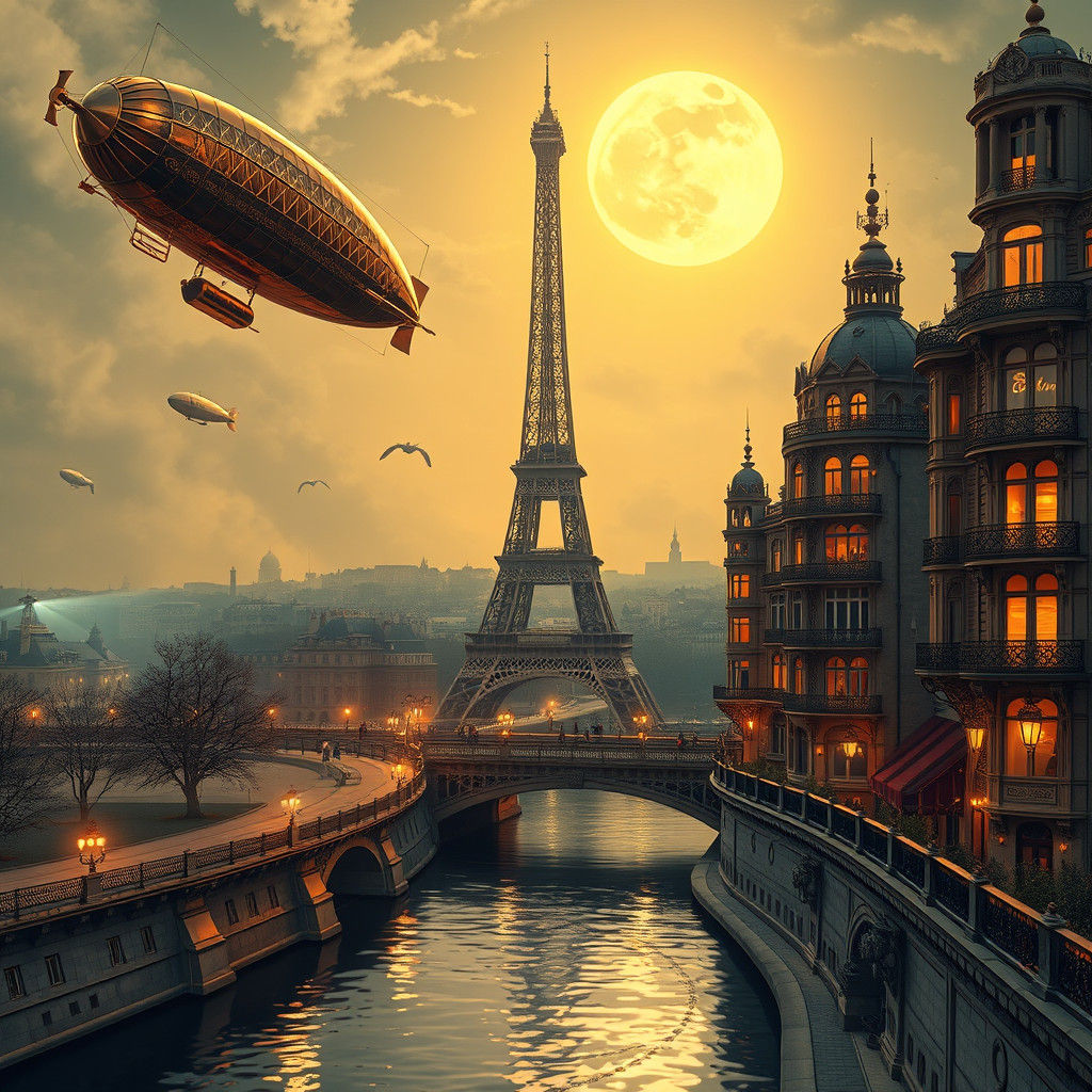 Steampunk Paris at Night with Airships
