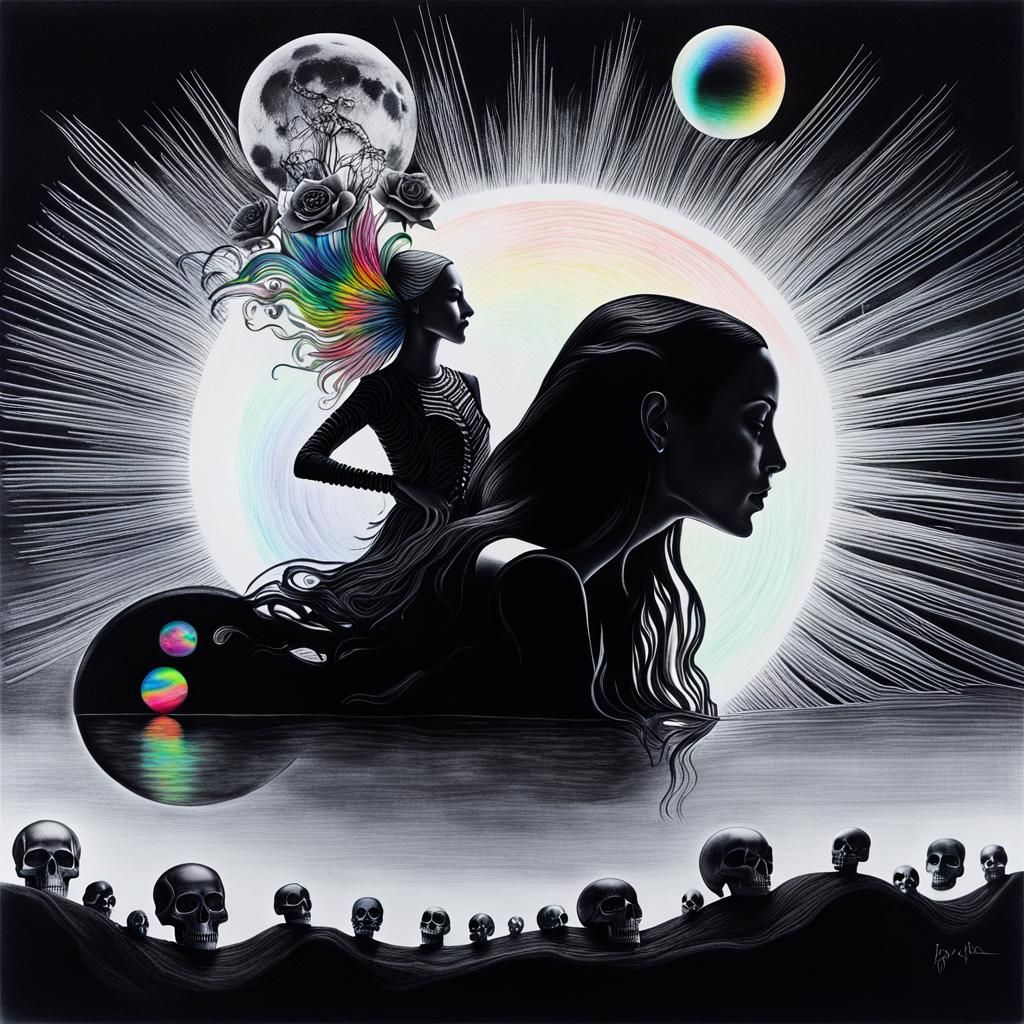 Goth Woman in Surreal Crayon Drawing with Rayograph