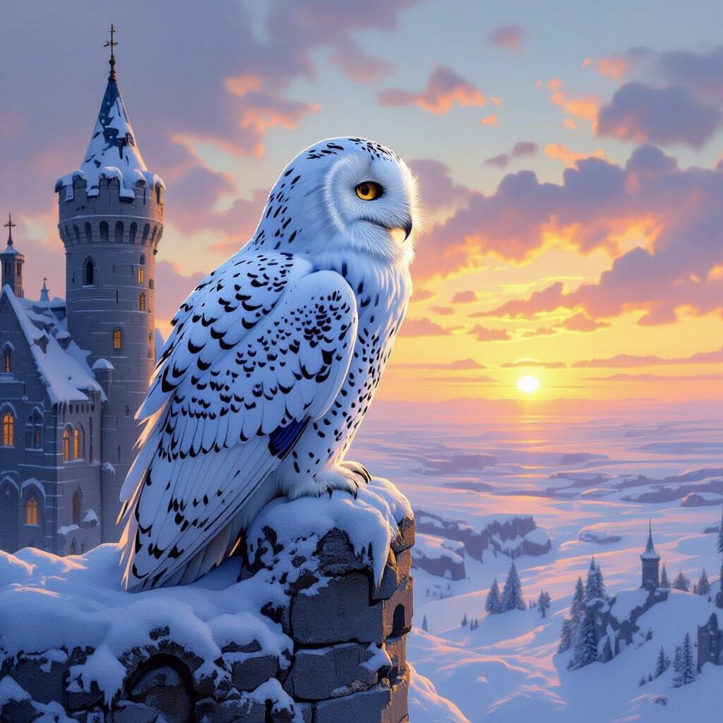 Snowy Owl on Ancient Castle in Art Nouveau Style