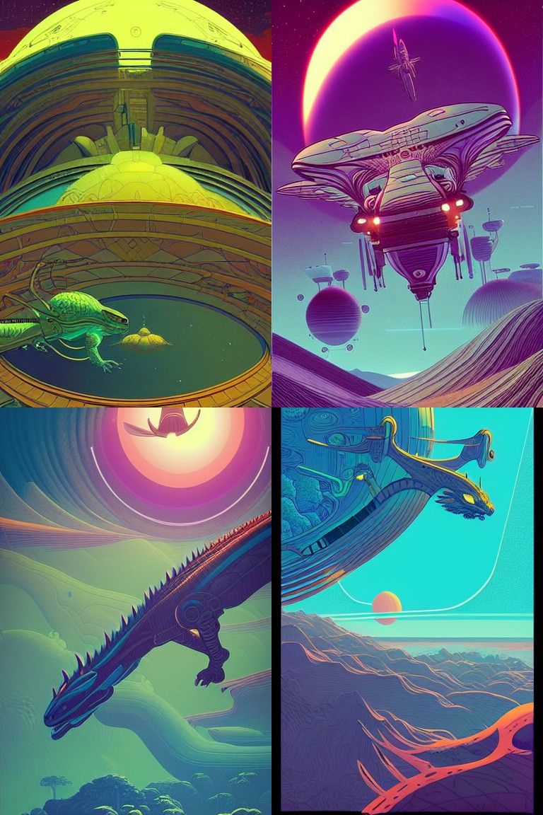 Sci-Fi Dragon Flight in Art Nouveau Style