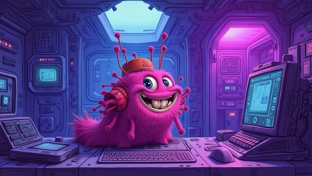 Friendly Caterpillar Monster in Spaceship Control Room