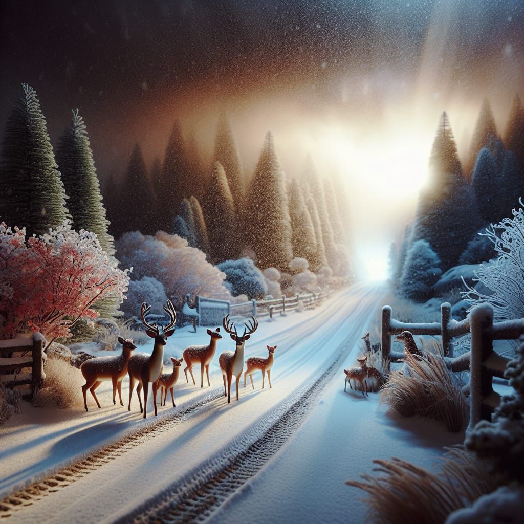 Deer Family in Snowy Landscape: Photorealistic Detail