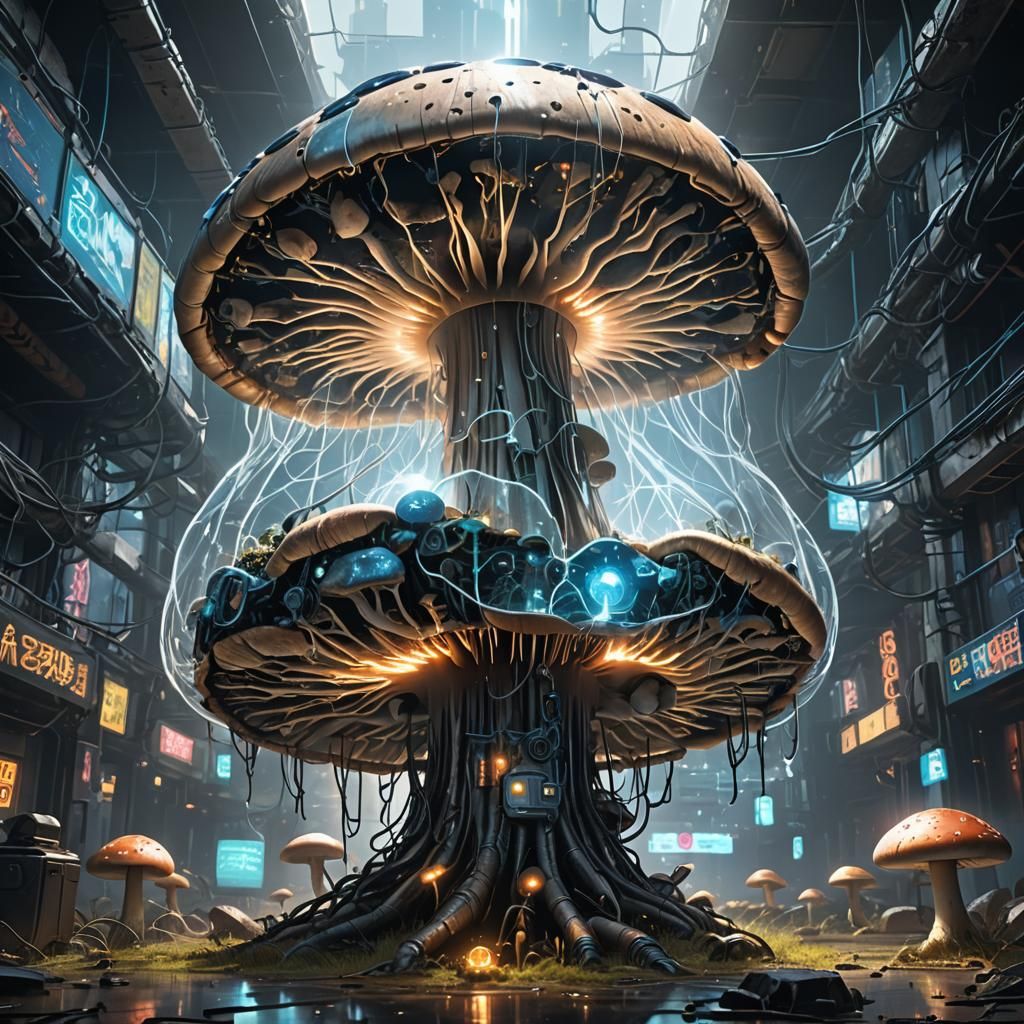 Cyberpunk Mushroom with Glowing Circuits in Digital Art