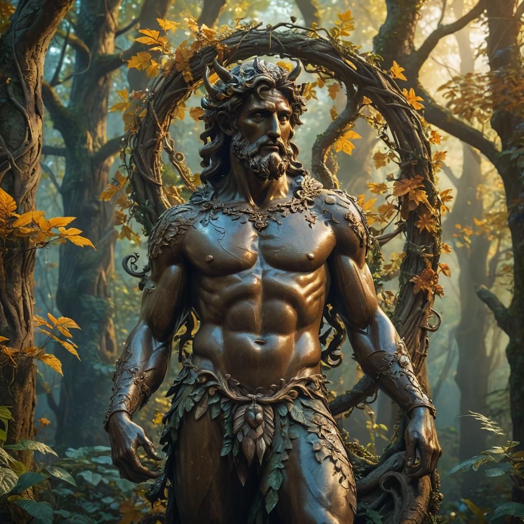 Bronze Dionysus Statue in Mystical Forest