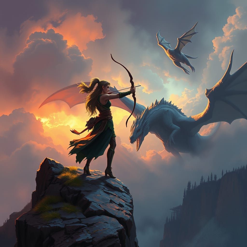 Elven Archer Battles Dragon in Stormy Skies