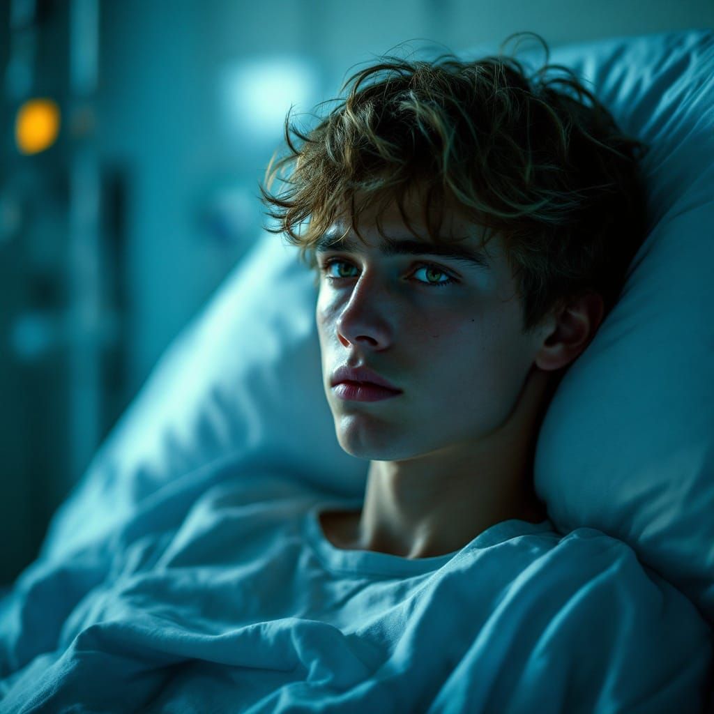 Pensive Teenager in Hospital Bed, Cinematic Film Aesthetic
