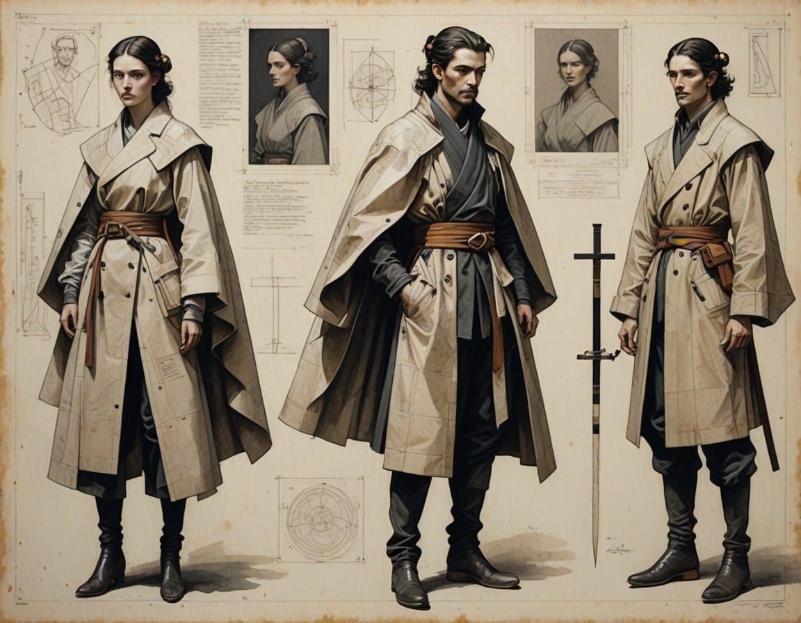 Bauhaus Samurai Technical Drawings on Distressed Paper