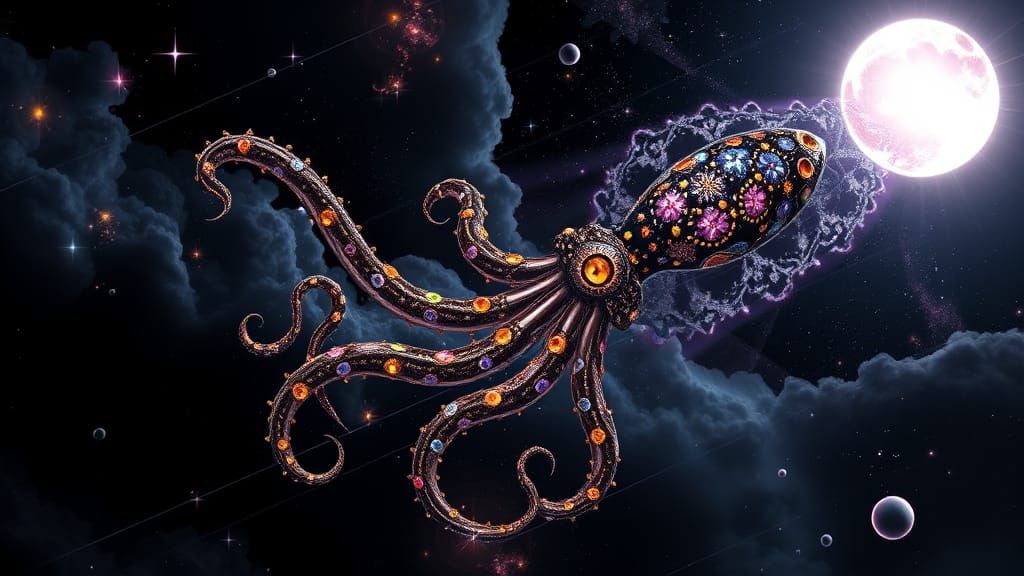 Neon Space Squid in Fractal Galaxy