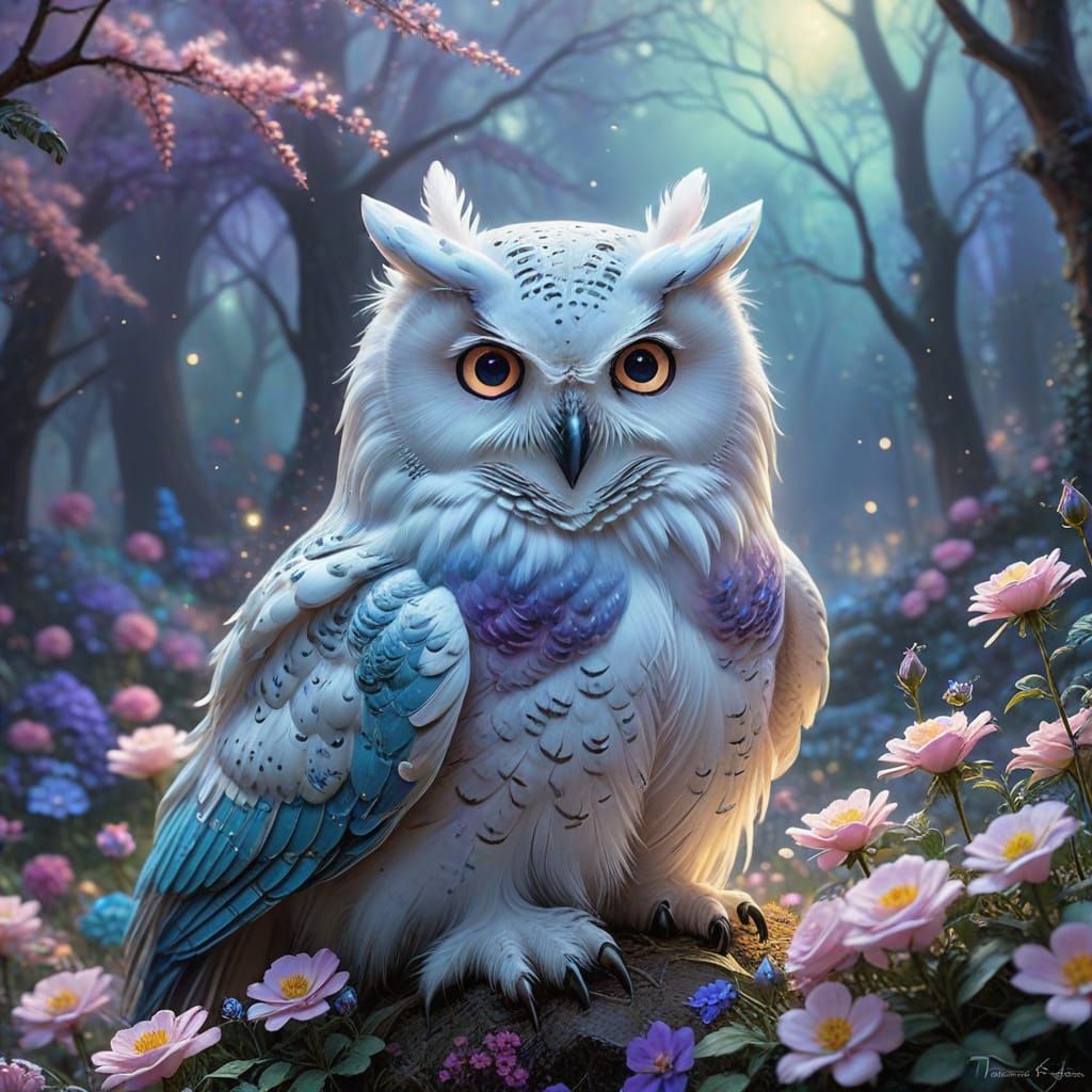 Enchanting White Owl in Whimsical Floral Wonderland