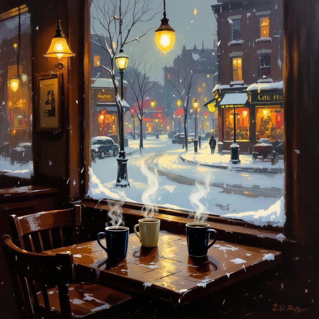 Cozy Coffee Shop on Snowy Evening in Realist Oil Painting St...