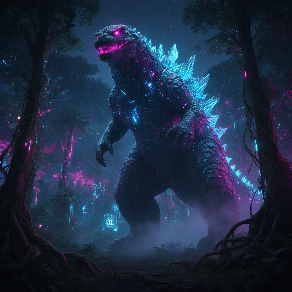 Cyberpunk Godzilla Dominates Neon Amazon Jungle