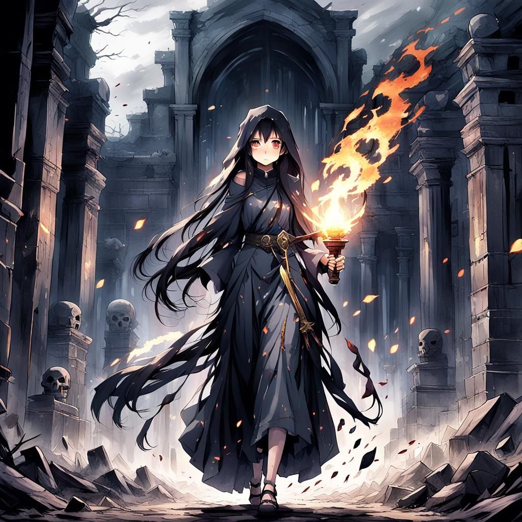 Girl with Torch Enters Abandoned Tombs: Anime Style
