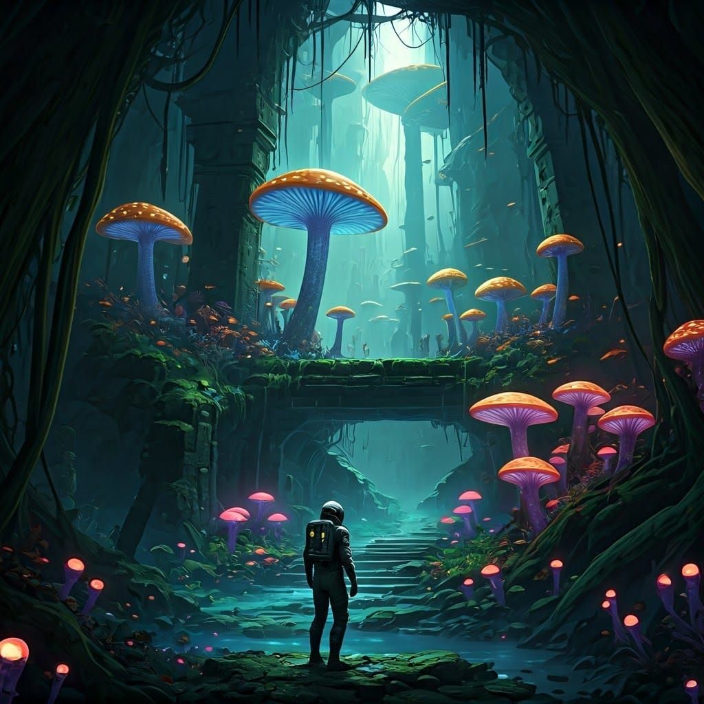 Bioluminescent Jungle with Explorer, Matte Painting Style