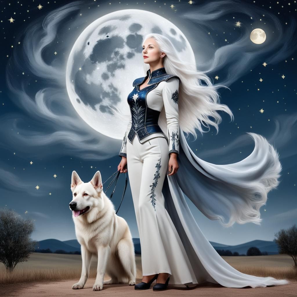 Woman and Dog Under Starry Moonlit Night