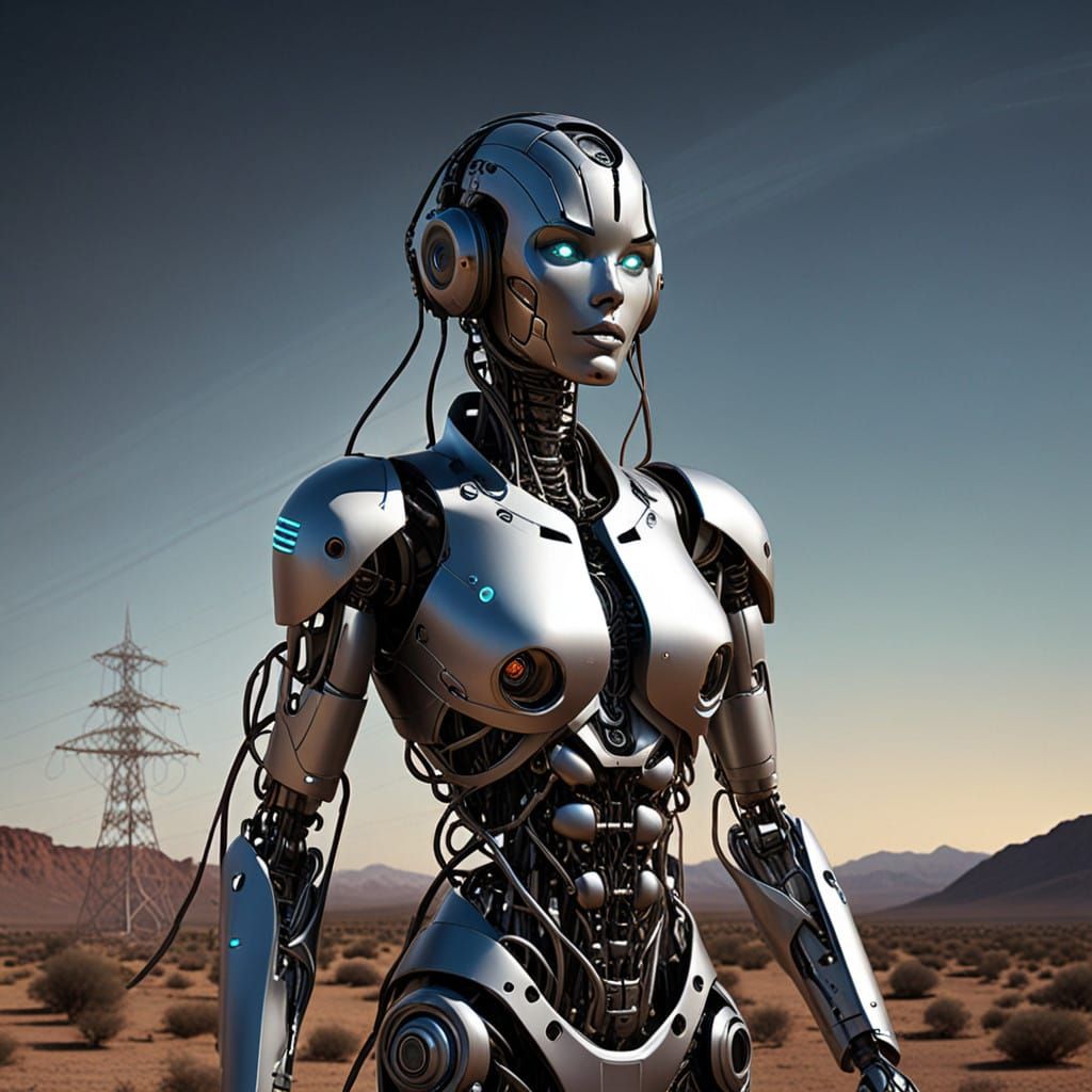 Futuristic Female Robot Seeks Refuge in a Devastated World