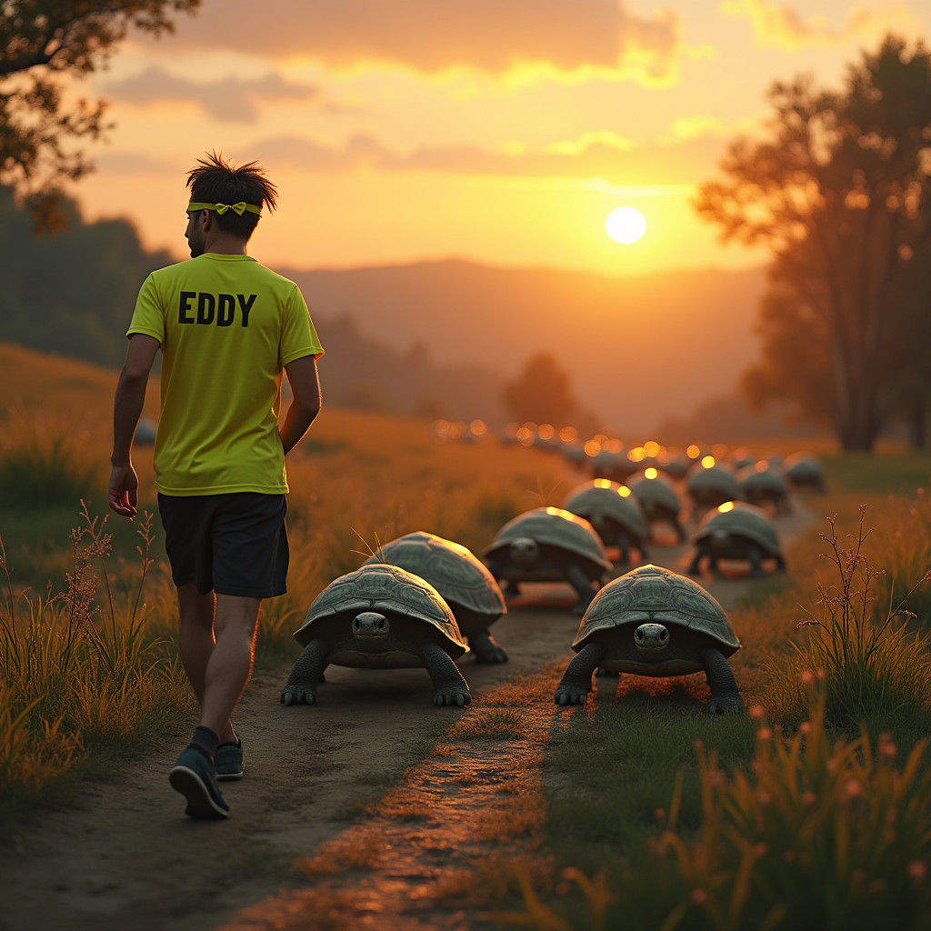 Excentrique Jogger Leads Tortoises in Sunset Hike