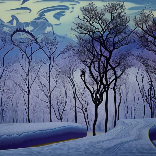 Winter Landscape Digital Art in Aubrey Beardsley Style