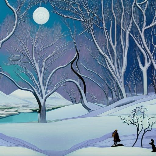 Winter Landscape Digital Art in Aubrey Beardsley Style