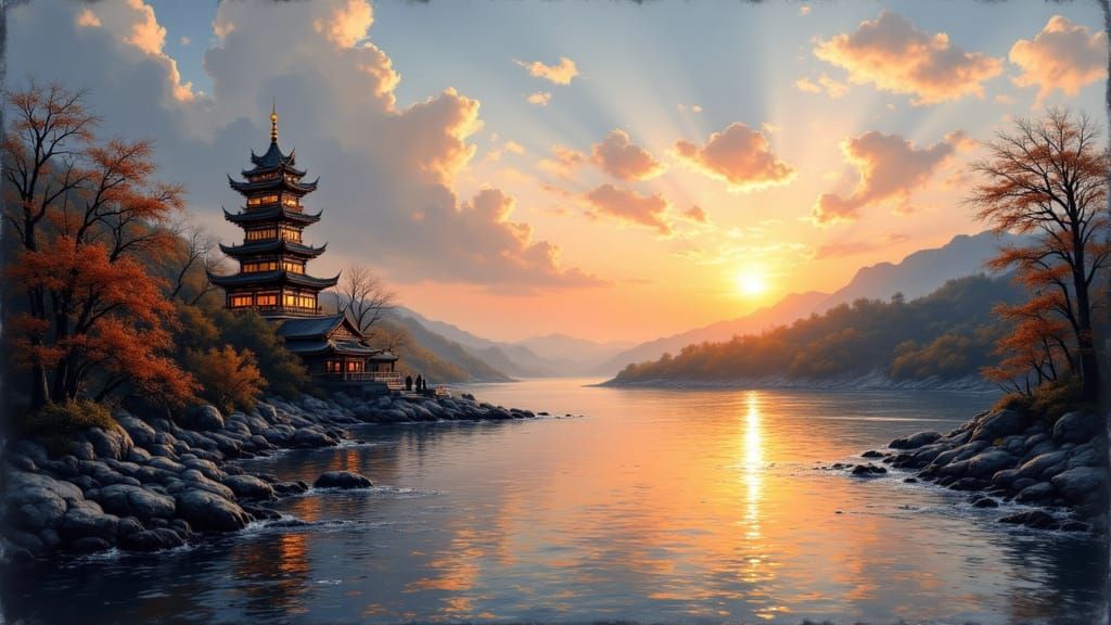 Sunset Over Song Dynasty Tower and River