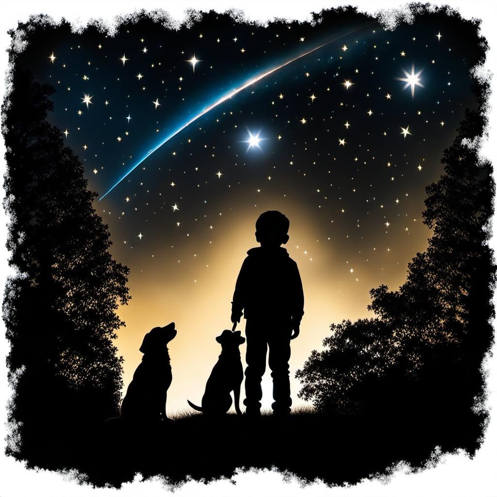 Child and Dog Watch Shooting Star at Night