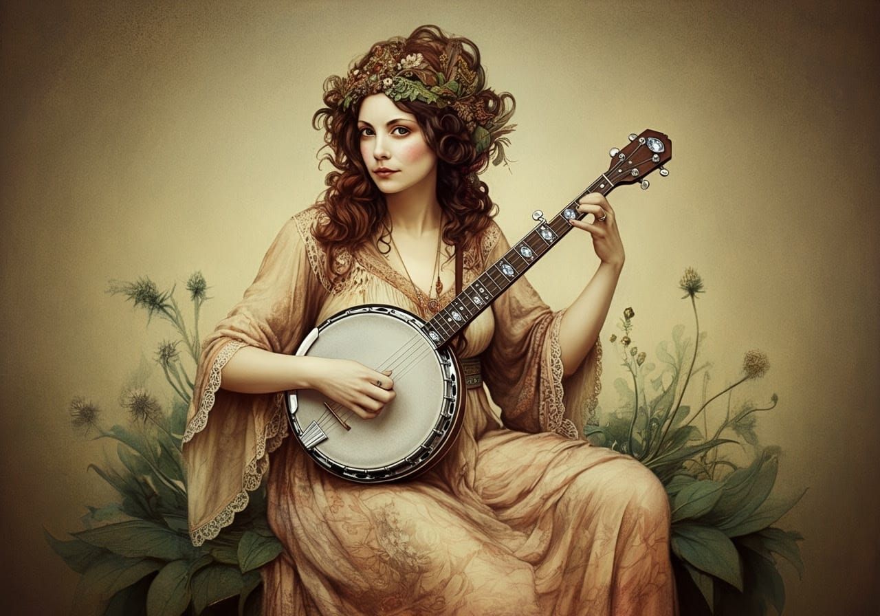 Dreamlike Banjo Player in Whimsical Bohemian Style