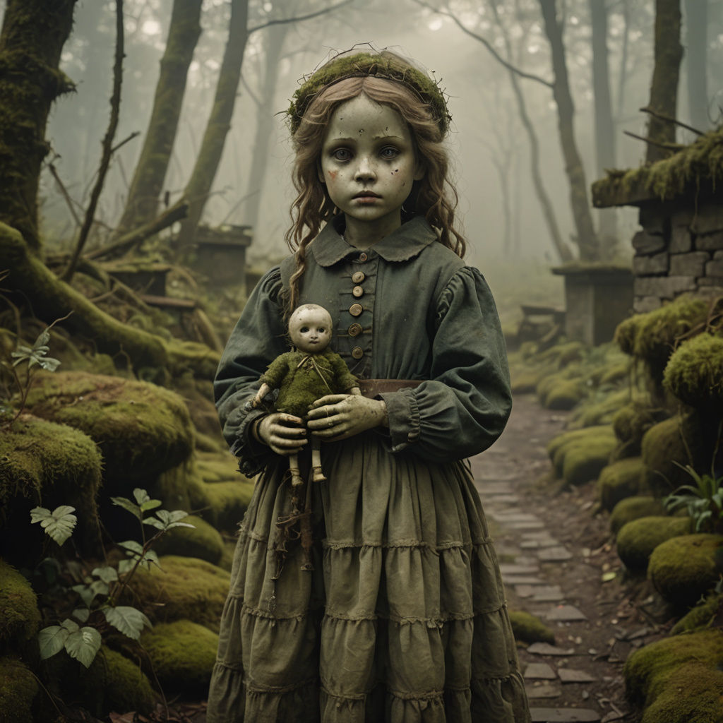 Somber Child and Odd Doll in Abandoned Setting