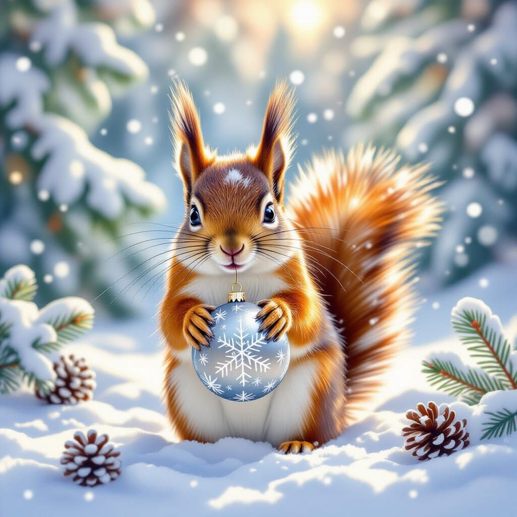 Squirrel Holds Christmas Bauble in Snowy Forest