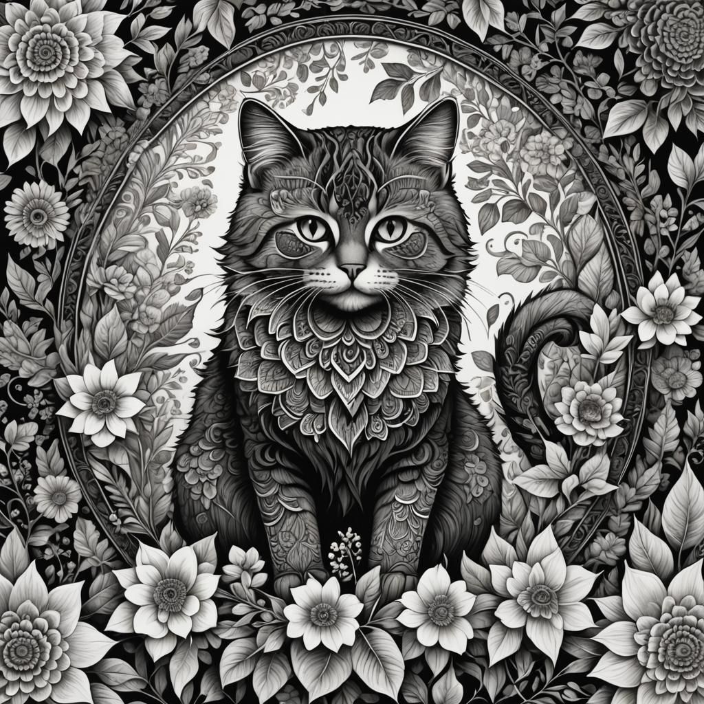 Intricate Mandala Cat Coloring Page in Linework Style