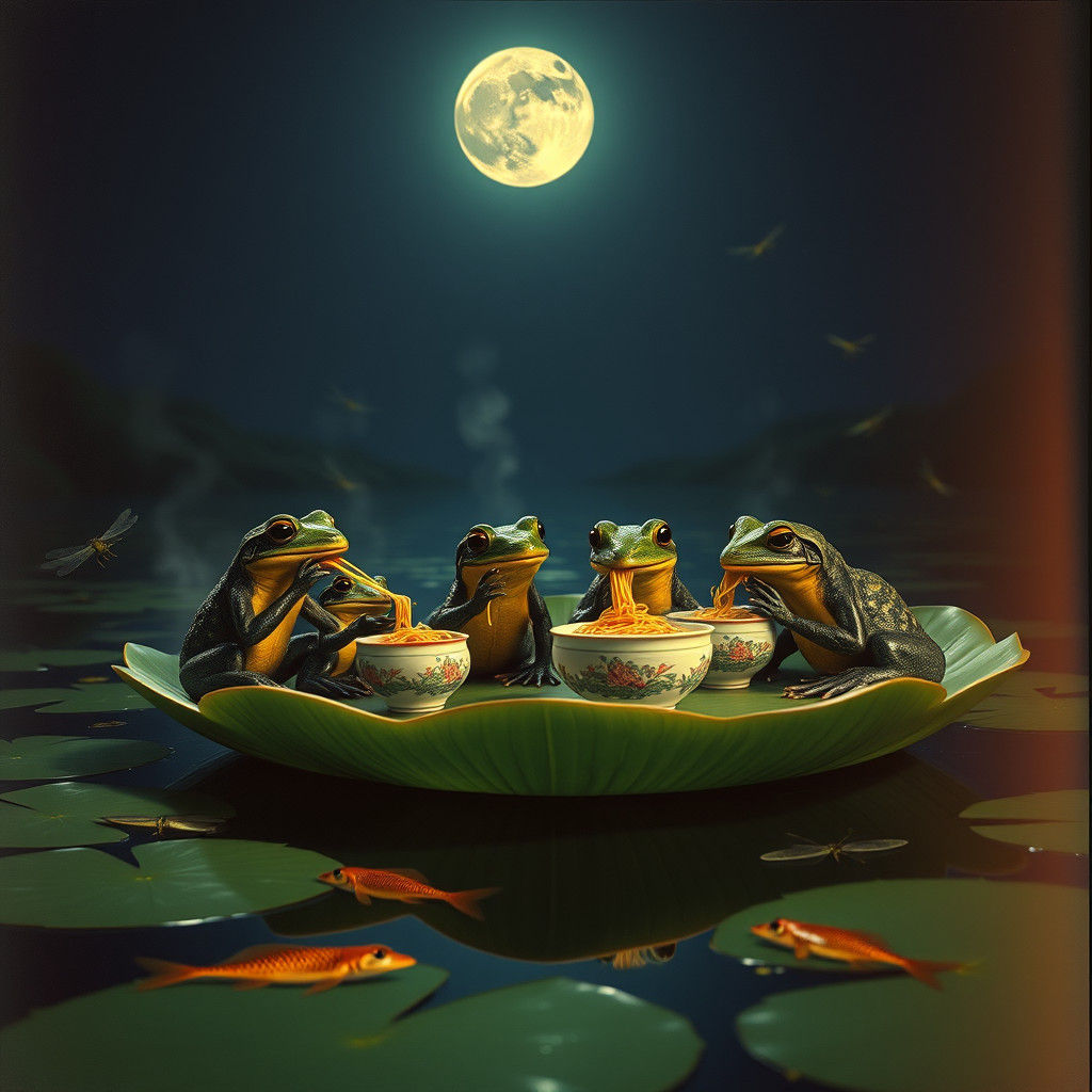 Newts Slurping Noodles Under Moonlight
