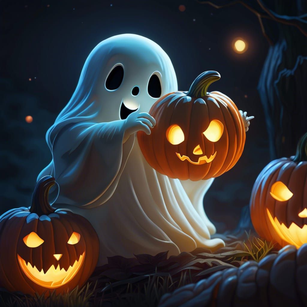 Cute Ghost Plays with Pumpkin: 8k Fantasy