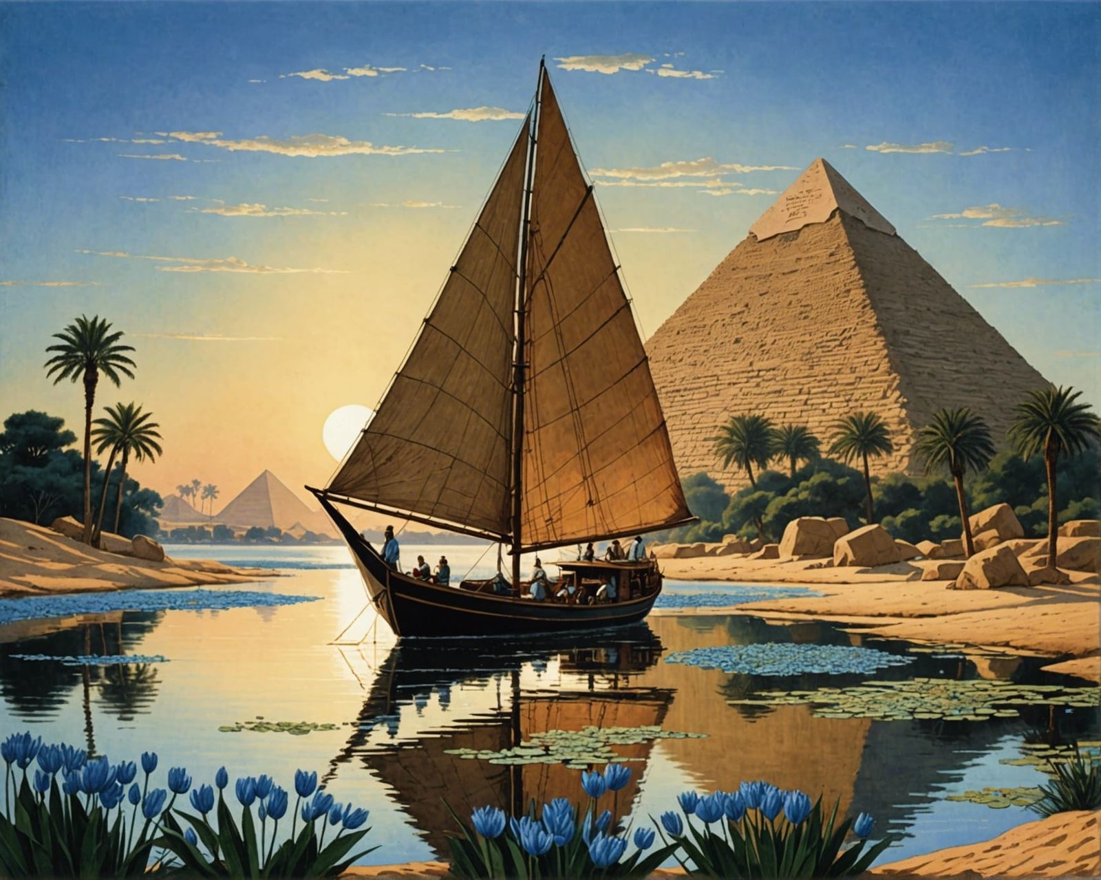 Ancient Egypt beautiful landscape Nile river, felucca wooden sail boat, Egyptian blue lotus Nile grass lilies, pyramids ...