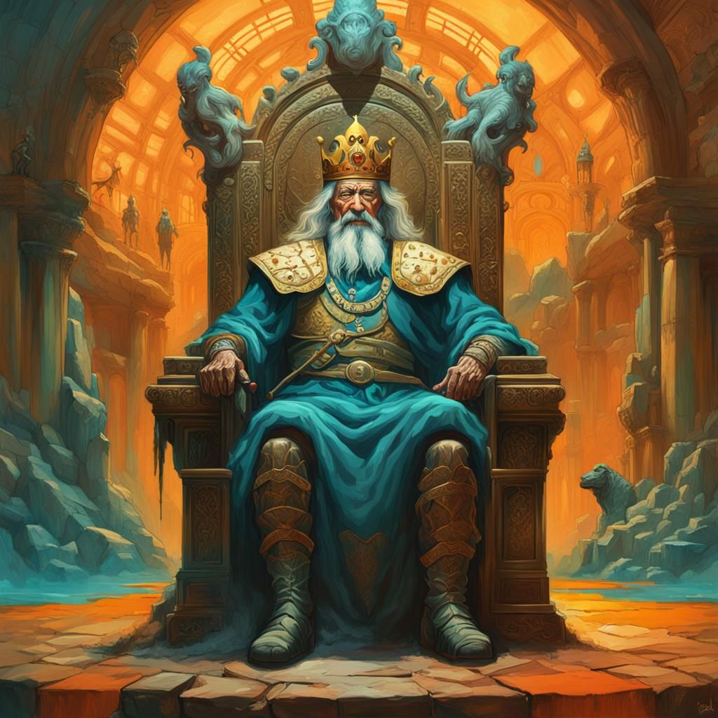 Aging Warrior King on Throne: Faded Oil Painting