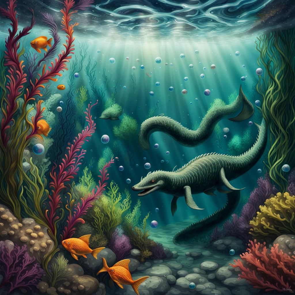 Loch Ness Monster in Underwater Scene