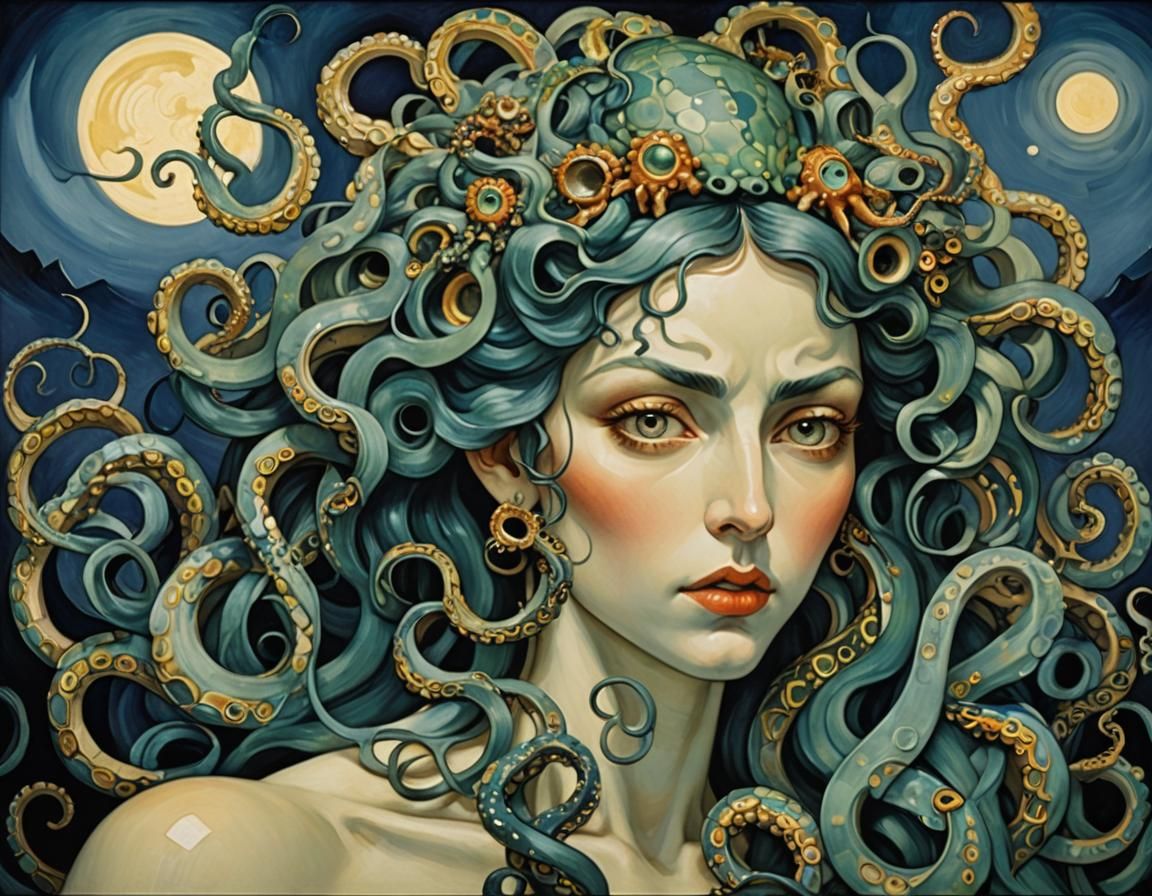 Bulging Eyed Grecian Goddess with Tentacled Hair in Neo-Cubi...