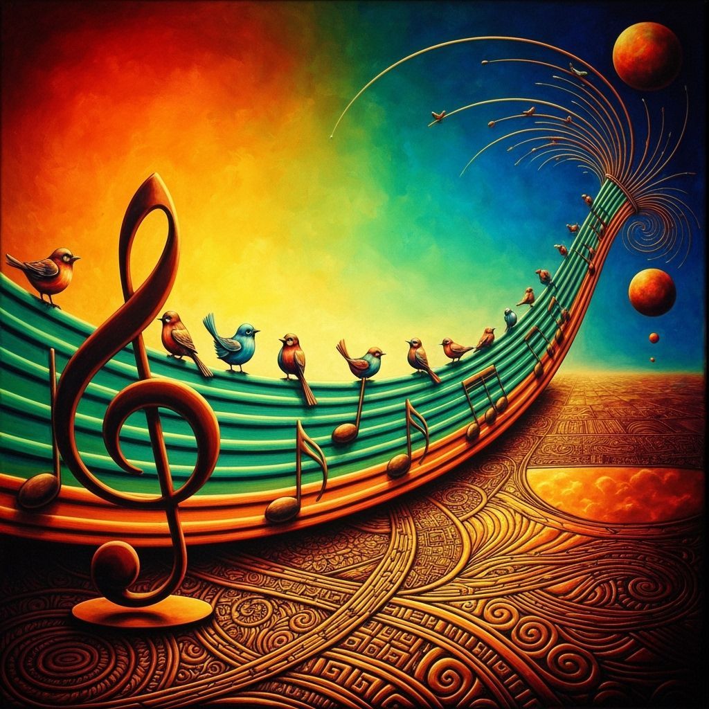 Surreal Music Staff with Birds and Treble Clef Painting