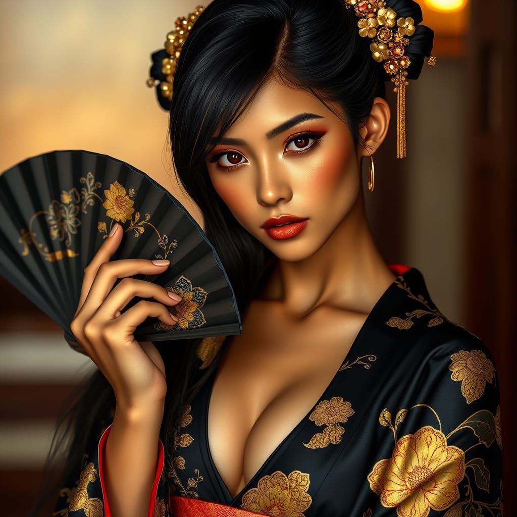 Puerto Rican Woman in Kimono with Golden Floral Accents