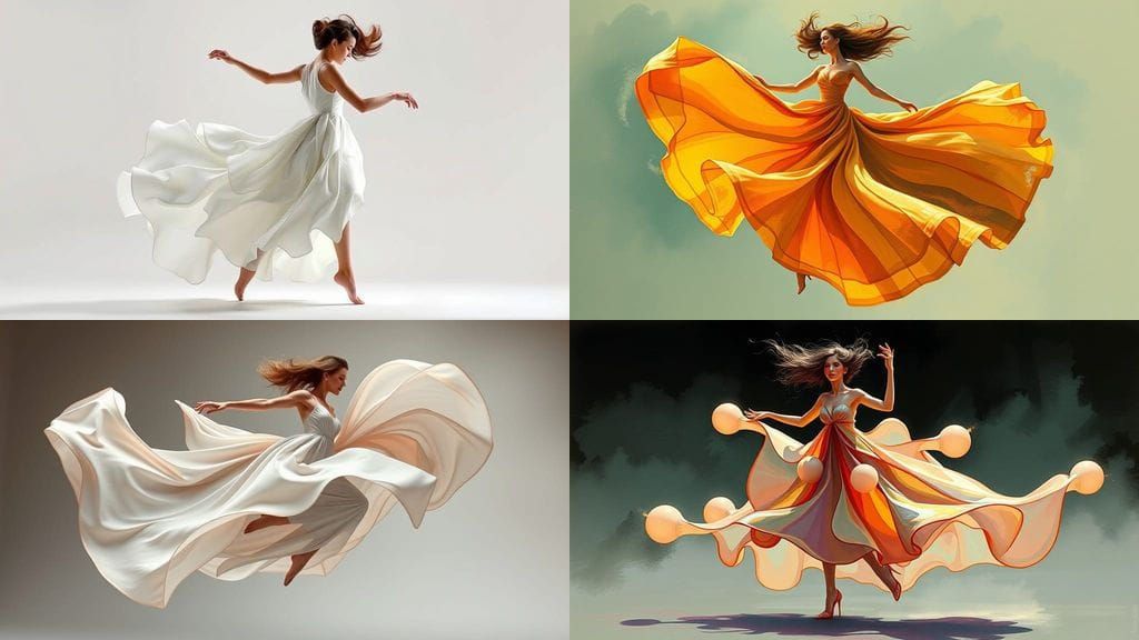 Dancing Woman in Free-Flowing Architecture-Inspired Dress