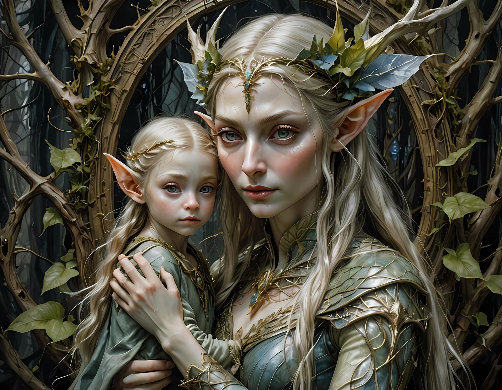Elven Mother and Daughter in Glitch Art Style
