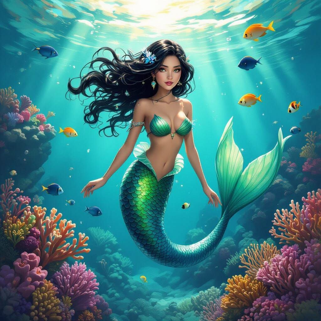 Mermaid in Blue Sea, Hyperrealistic Digital Art