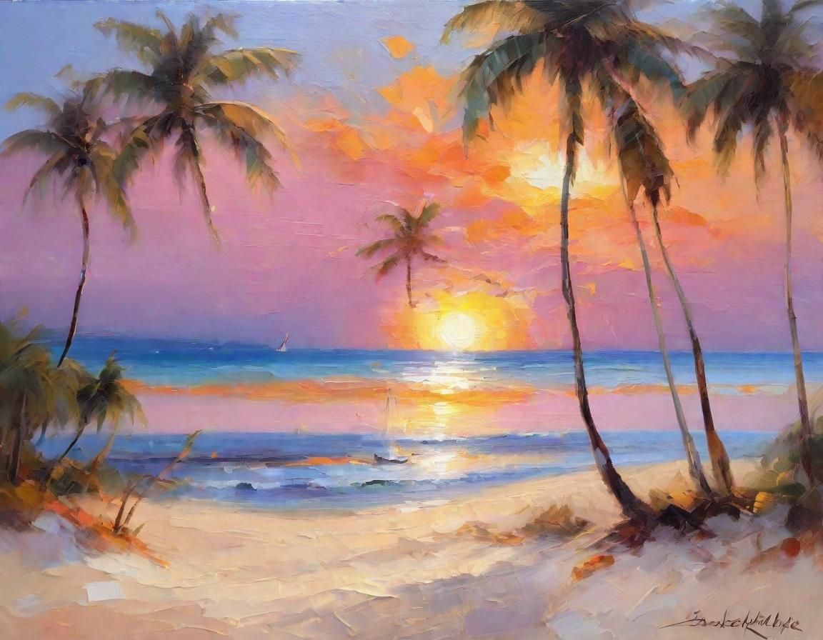Caribbean Beach Sunset in Impressionist Style