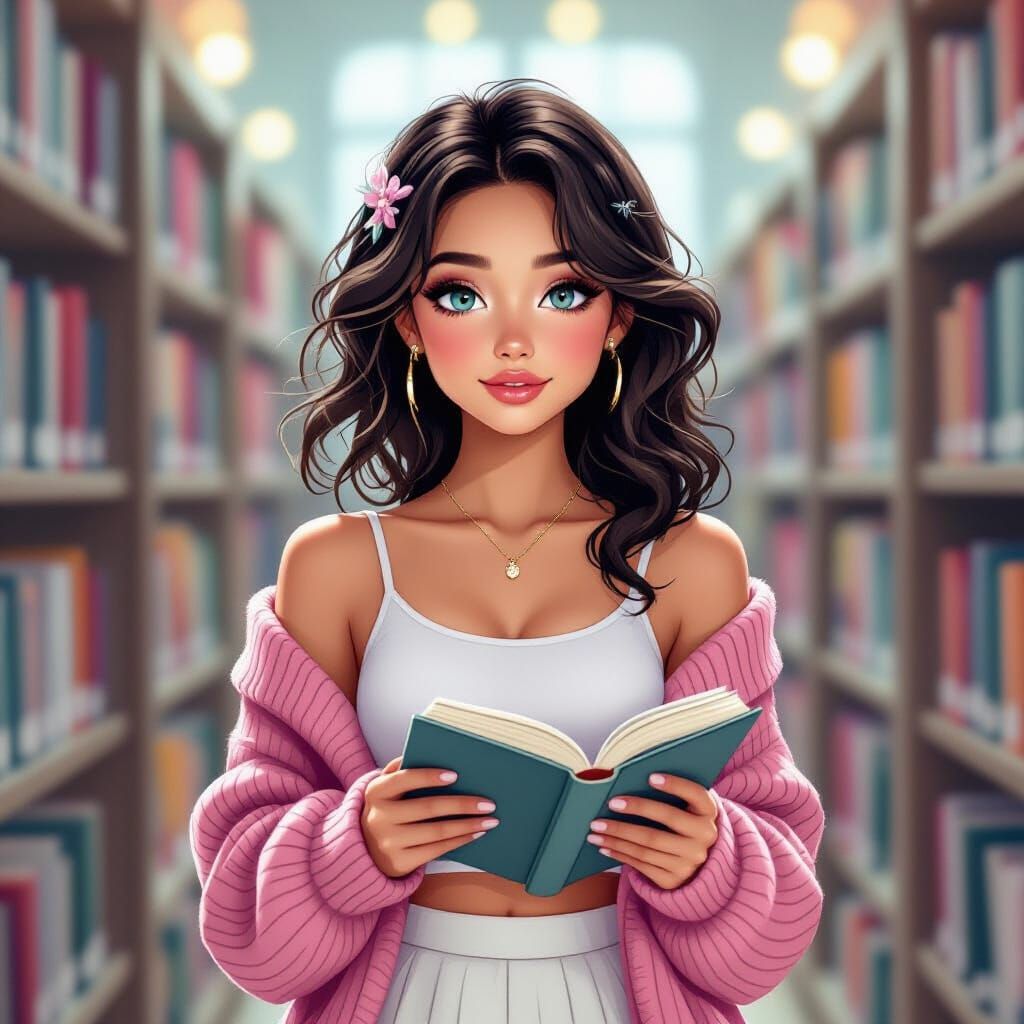 Girl Reading in Library, Ethereal Light, Digital Art
