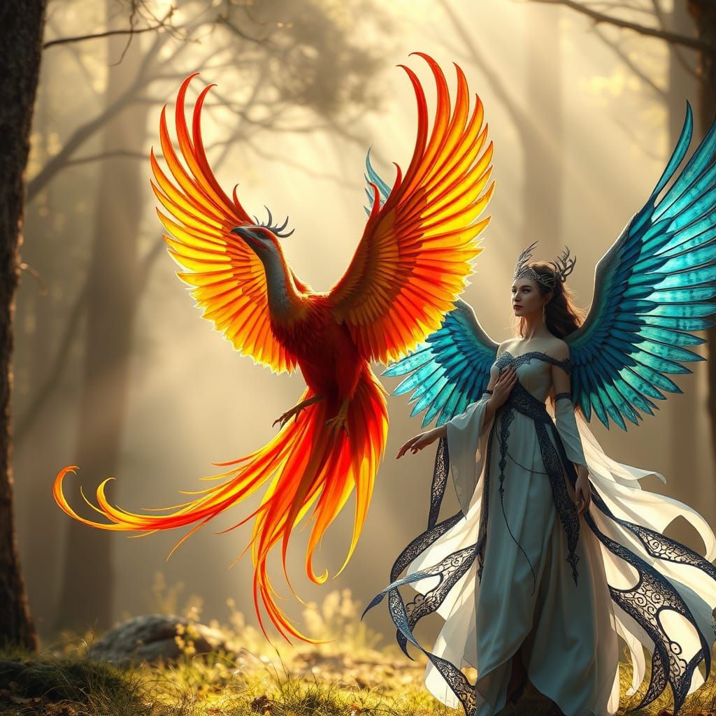 Phoenix and Winged Woman in Mystical Forest