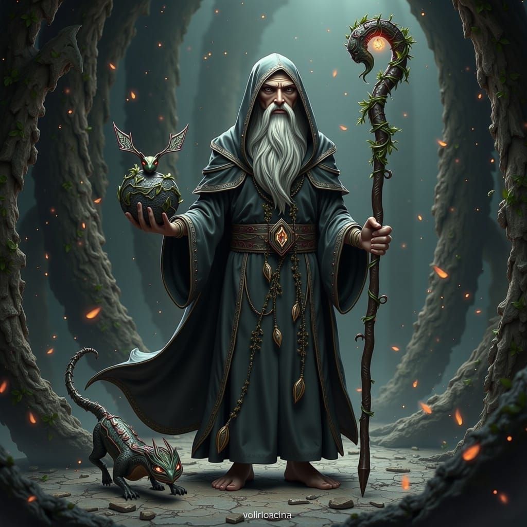 Wizard and Dragon in Cave with Volumetric Lighting