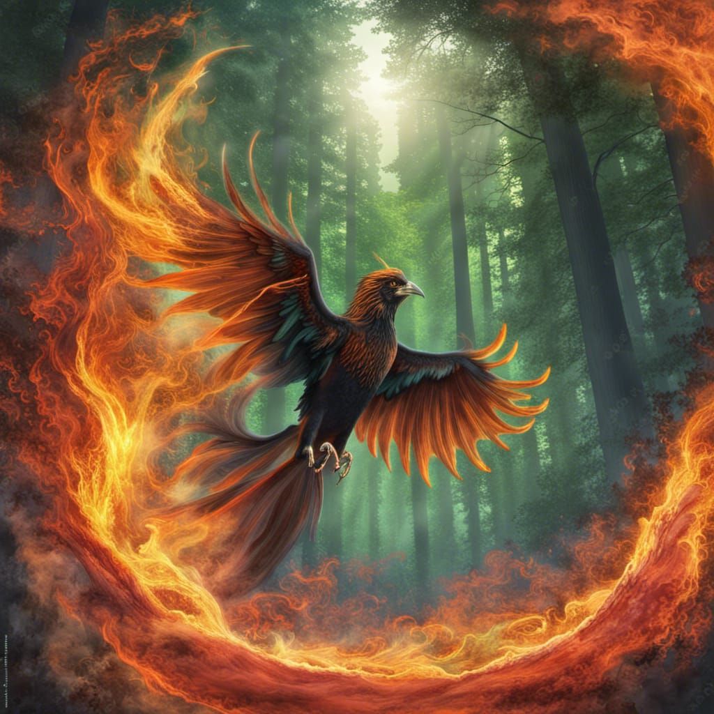 Fiery Phoenix Rising in Redwood Forest